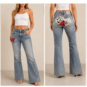 Ed Hardy Flare Jeans Women 32 Y2K Tattoo Core Graphic Heart Embroidered Blue